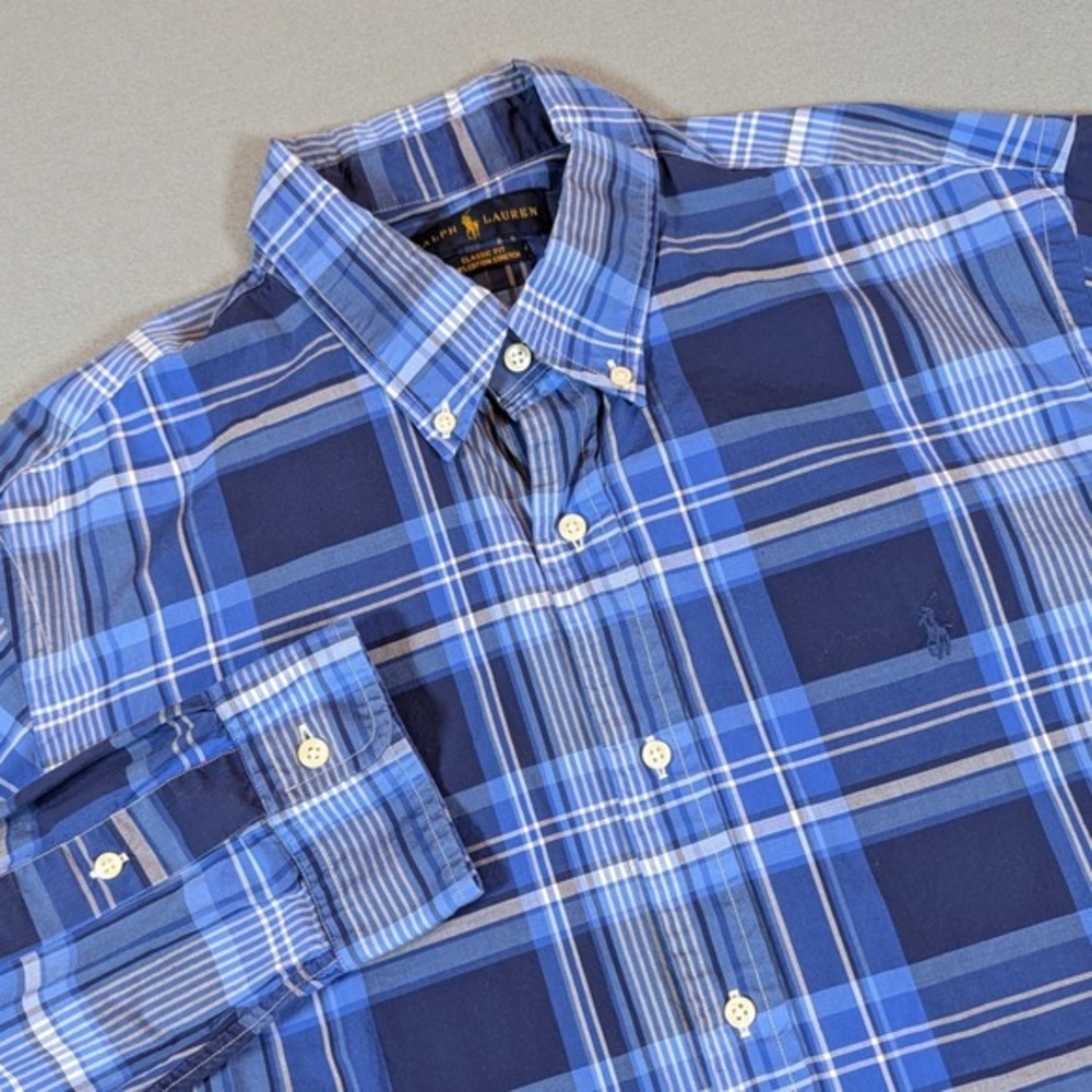 Ralph Lauren Classic Fit Plaid Button Down Shirt Mens XL Blue 100 Cotton Stretch